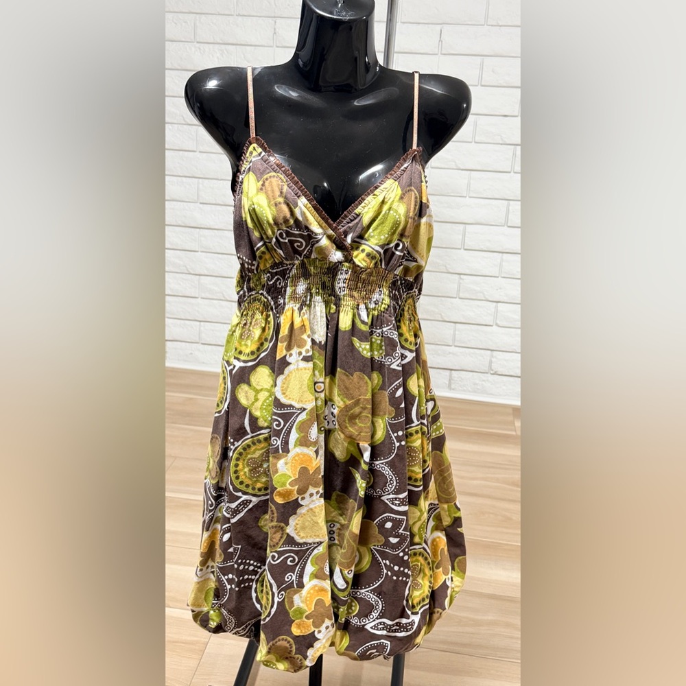 Speed Control Brown Floral Spaghetti Strap Dress with Green and Yellow Accents